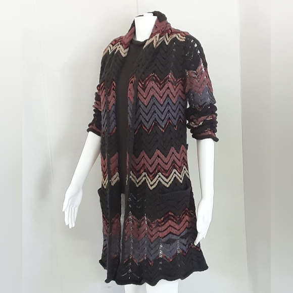 JUST JEANS Gray Pink Chevron Open Front Long Cardigan Sweater Sz XS - Picture 6 of 13